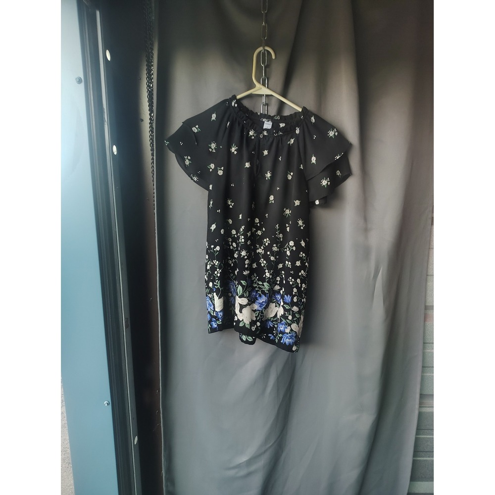 Old‎ Navy Womens Black Floral Ruffle Neck Tiered Flutter Sleeve Blouse Small